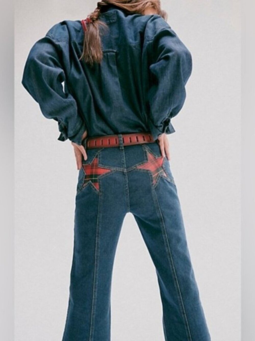 Free People Firecracker Flare Jeans High Rise Tartan Plaid Star 29